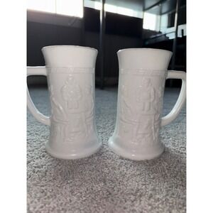Vintage Federal White Milk Glass 6" Beer Mug Stein Tankard Embossed Tavern Scene